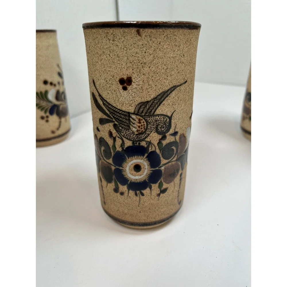 Tonala Pottery Cups Painted Blue Flowers Bird Stone Ware Lot Of 5 Netzi Mexico - Picture 10 of 16